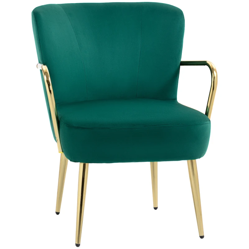 HOMCOM Fotoliu Tapițat în Stil Retro din Catifea cu Brațe și Picioare Aurite, 62x69x79 cm, Verde