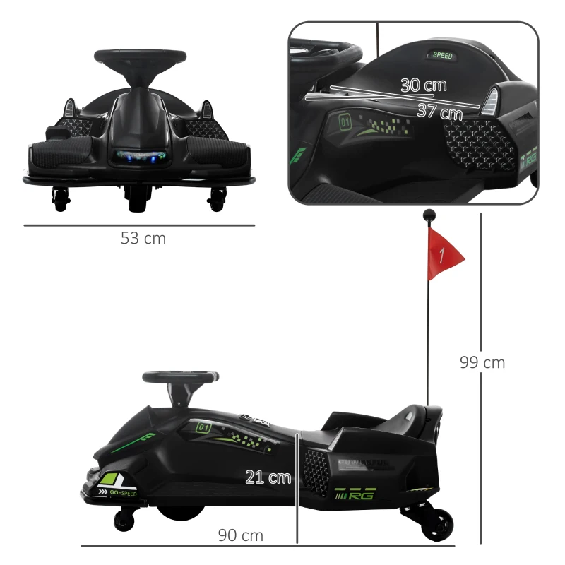 HOMCOM Go-Kart Electric pentru Copii cu Pedale, Pornire Lentă, Lumini, Muzică și Centură, 90x53x99 cm, Negru(m-3)