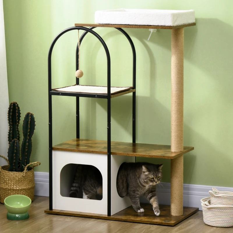 PawHut Krabpaal, 4 Niveaus, Kattenhuis, Speelbal, Kipbescherming, 80x40x118,5 cm, Bruin/Wit