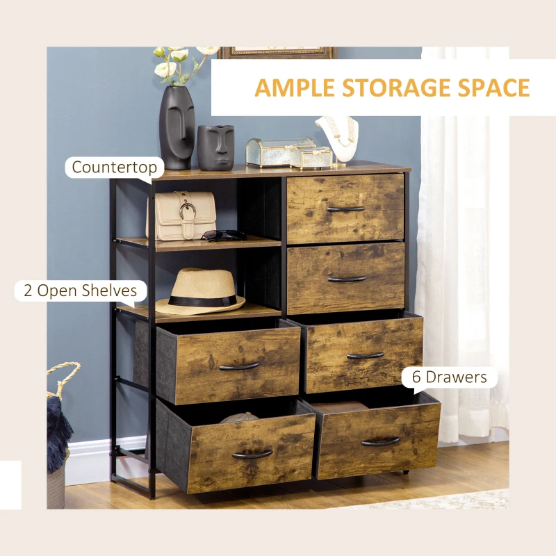 HOMCOM Comodă Pliabilă cu 6 Sertare, 2 Rafturi Deschise din Material și Picioare Reglabile, 84x30x92 cm, Maro Rustic