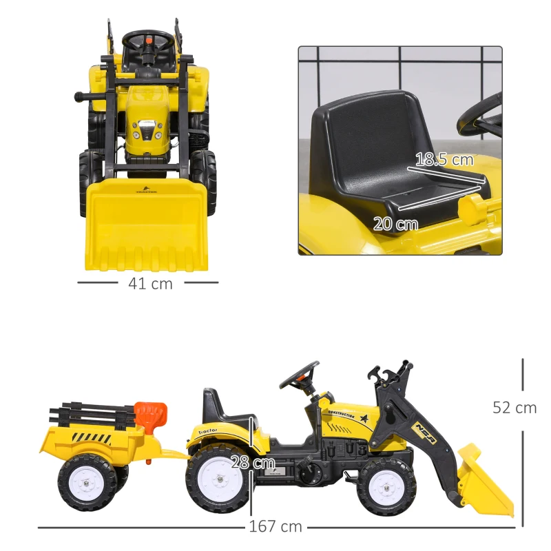 HOMCOM Excavator, Tractor cu Pedale pentru Copii de 3 Ani cu Cupă Frontală și Remorcă Detașabilă, 167x41x52 cm, Galben(m-3)