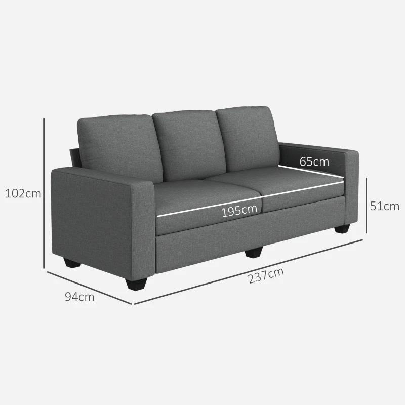 HOMCOM Canapea de 3 Locuri din Material Textil cu Brațe, Perne Căptușite și Înveliș cu Efect de In, 237x94x102 cm, Gri(m-3)