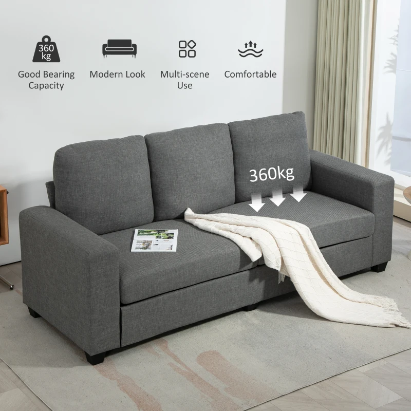 HOMCOM Canapea de 3 Locuri din Material Textil cu Brațe, Perne Căptușite și Înveliș cu Efect de In, 237x94x102 cm, Gri(m-6)