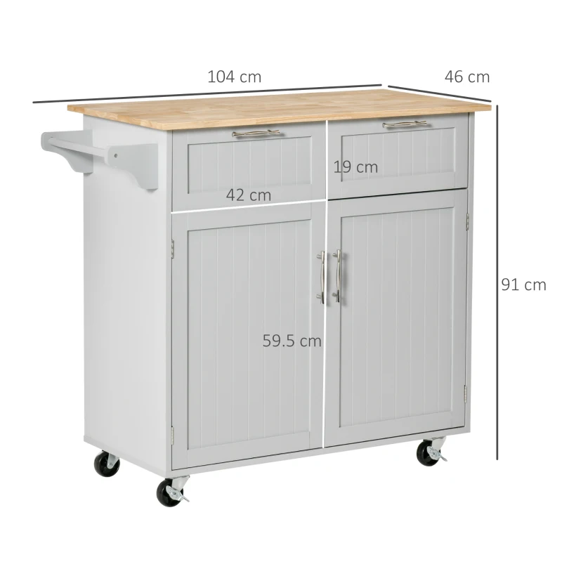 HOMCOM Carrello da Cucina Multiuso in Legno con 2 Cassetti, Armadietto e 4 Ruote, 104x46x91cm, Grigio