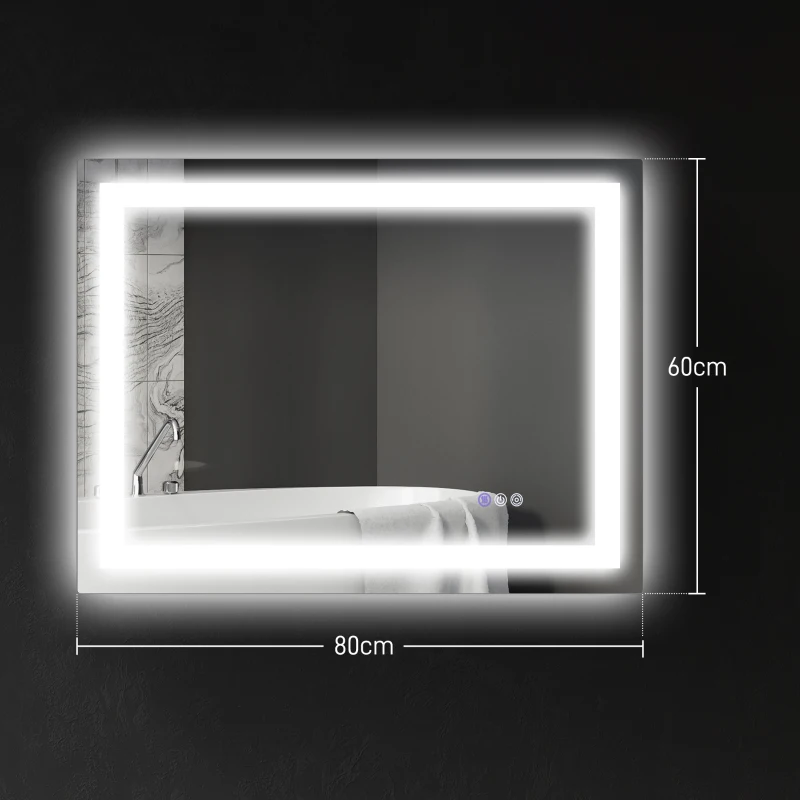 HOMCOM LED-Badezimmerspiegel, Front- und Rückbeleuchtung, Smart-Touch, Entnebelung, 80x60 cm