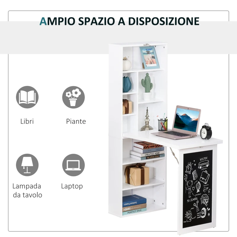 HOMCOM Scrivania PC Pieghevole con Libreria a 9 Ripiani in Legno e Metallo, 98x51x153 cm, Bianco