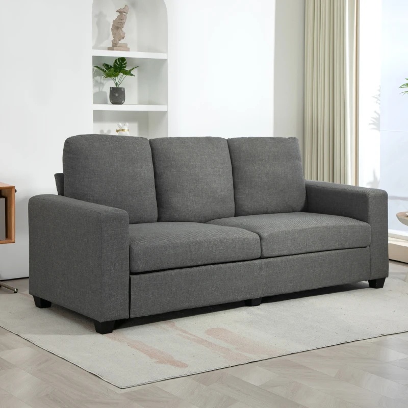 HOMCOM Canapea de 3 Locuri din Material Textil cu Brațe, Perne Căptușite și Înveliș cu Efect de In, 237x94x102 cm, Gri(m-2)