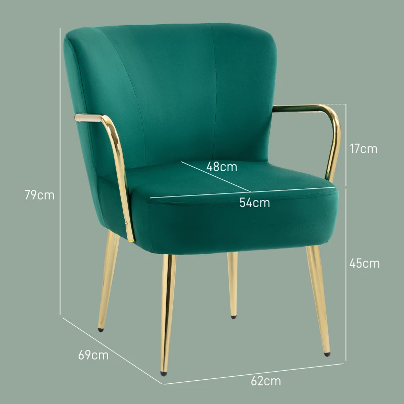 HOMCOM Fotoliu Tapițat în Stil Retro din Catifea cu Brațe și Picioare Aurite, 62x69x79 cm, Verde
