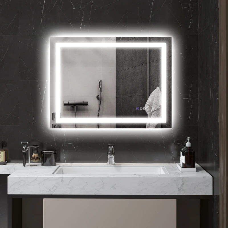 HOMCOM LED-Badezimmerspiegel, Front- und Rückbeleuchtung, Smart-Touch, Entnebelung, 80x60 cm