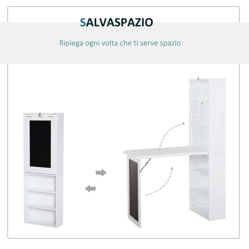 HOMCOM Scrivania PC Pieghevole con Libreria a 9 Ripiani in Legno e Metallo, 98x51x153 cm, Bianco