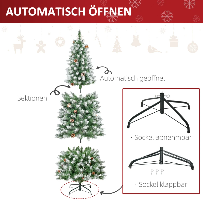 HOMCOM Kunstkerstboom, 630 Takken, 37 Dennenappels, Besneeuwde Punten, Brandvertragend, 180 cm