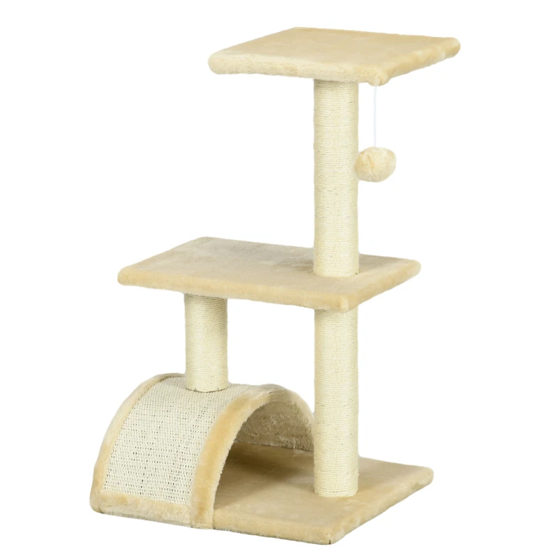 PawHut Arranhador para Gatos Médio de 3 Níveis  com Postes de Sisal Placa para Arranhar e Bola Suspensa 40x35x72 cm Creme