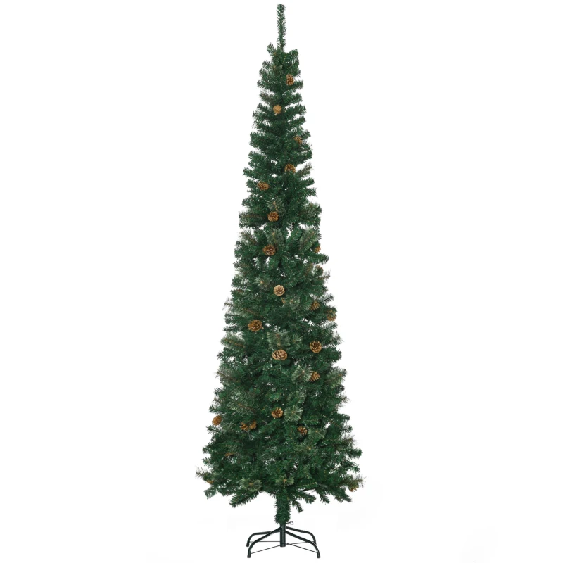 HOMCOM Árvore de Natal Artificial 225 cm Árvore de Natal com 706 Ramos Árvore de Natal Slim com 56 Pinhas Base Dobrável Ø58x225 cm Verde