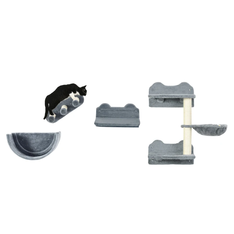 PawHut Prateleiras de Parede para Gatos 4 Peças com Rede Plataforma Semicircular Plataformas de Salto e Poste de Sisal Cinza
