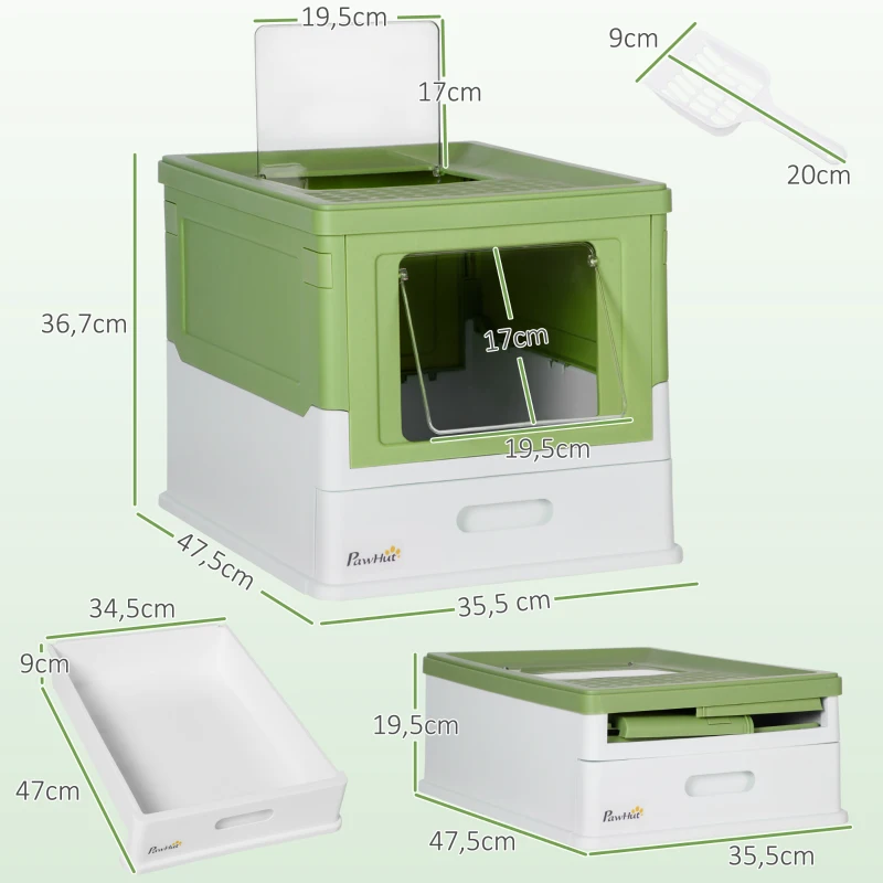 PawHut Caixa de Areia para Gatos Dobrável Caixa de Areia para Gatos Fechada com Bandeja Removível 47,5x35,5x36,7cm Verde Claro