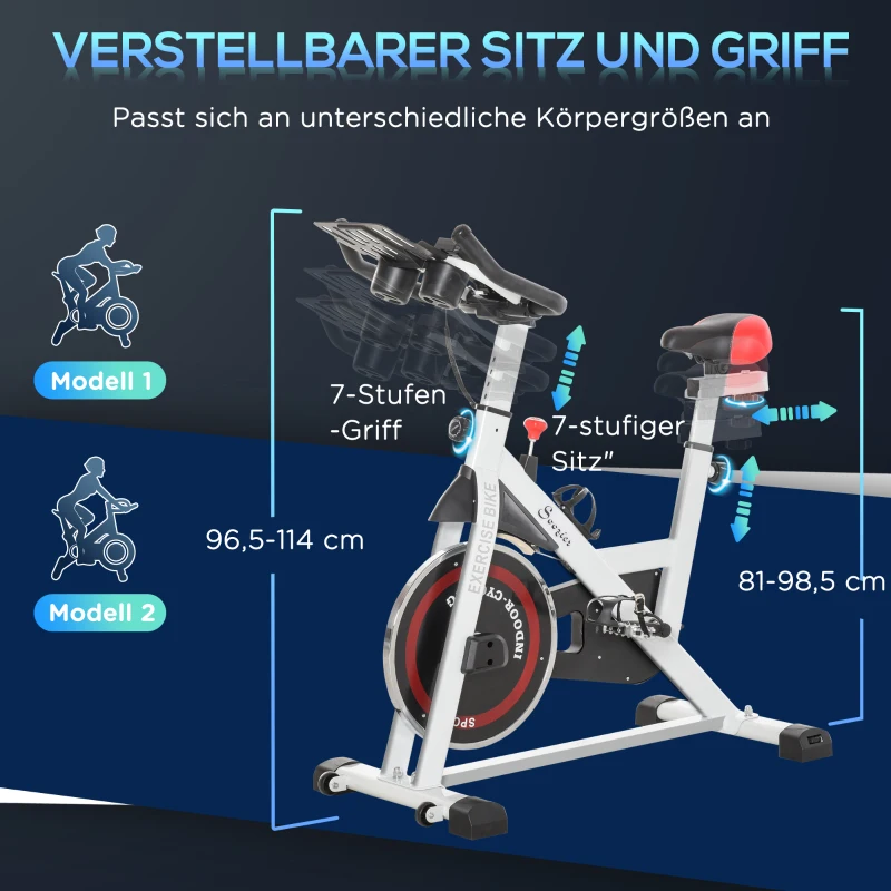 HOMCOM Ergometr, regulowany opór, do 120kg, Stal, D103xS53xW100-114cm, Biały/Czarny