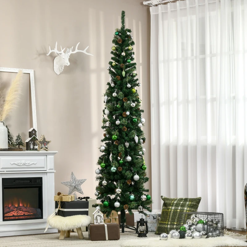 HOMCOM Árvore de Natal Artificial 225 cm Árvore de Natal com 706 Ramos Árvore de Natal Slim com 56 Pinhas Base Dobrável Ø58x225 cm Verde