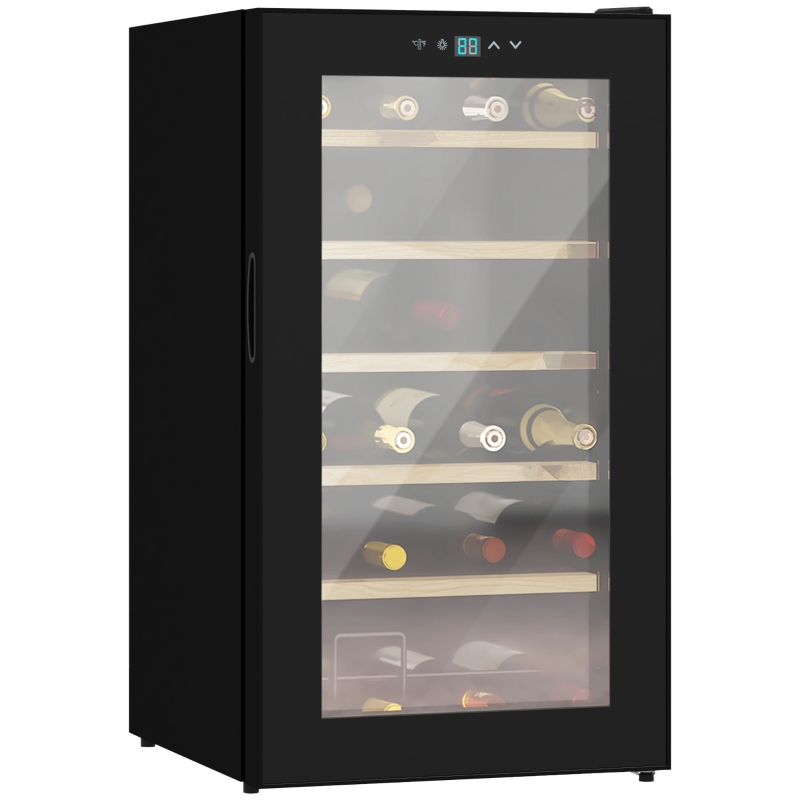 HOMCOM Cave de Vinho para 24 Garrafas 65L com Luz LED Interior Ecrã Tátil Digital Contolo de Temperatura Porta de Vidro e 5 Prateleiras Preto