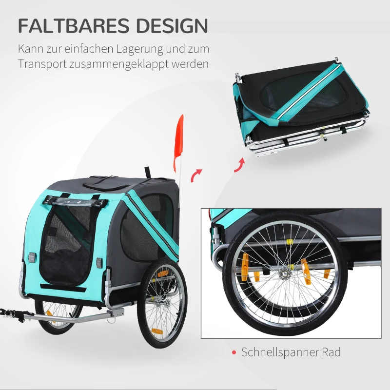PawHut Haustieranhänger Hundeanhänger Fahrradanhänger bis 20kg klappbar Reflektor Regenschutz Stahl Grau + Grün 130 x 73 x 90cm