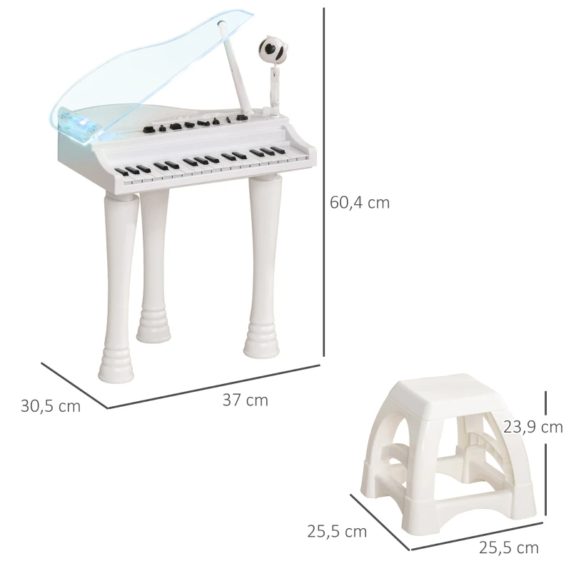 AIYAPLAY Piano Eletrónico para Crianças com 32 Teclas Microfone Luzes 22 Músicas 4 Tons e Volume Ajustável 37x30,5x60,4 cm Branco