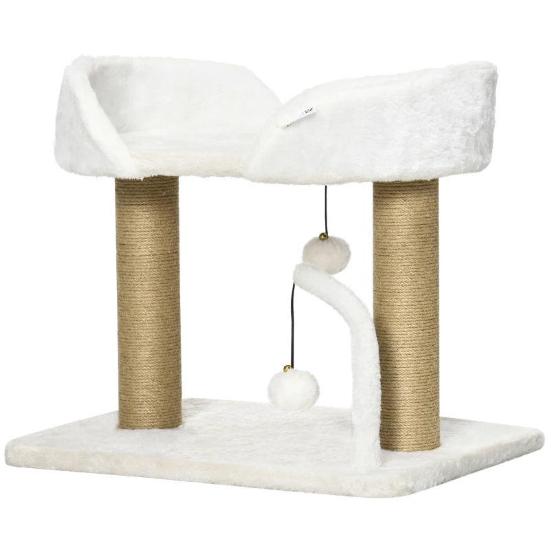 PawHut Arranhador para Gatos Pequenos Altura 42 cm Arranhador para Gatos com Cama Bolas Supensas e Postes de Juta 48x38x42 cm Branco