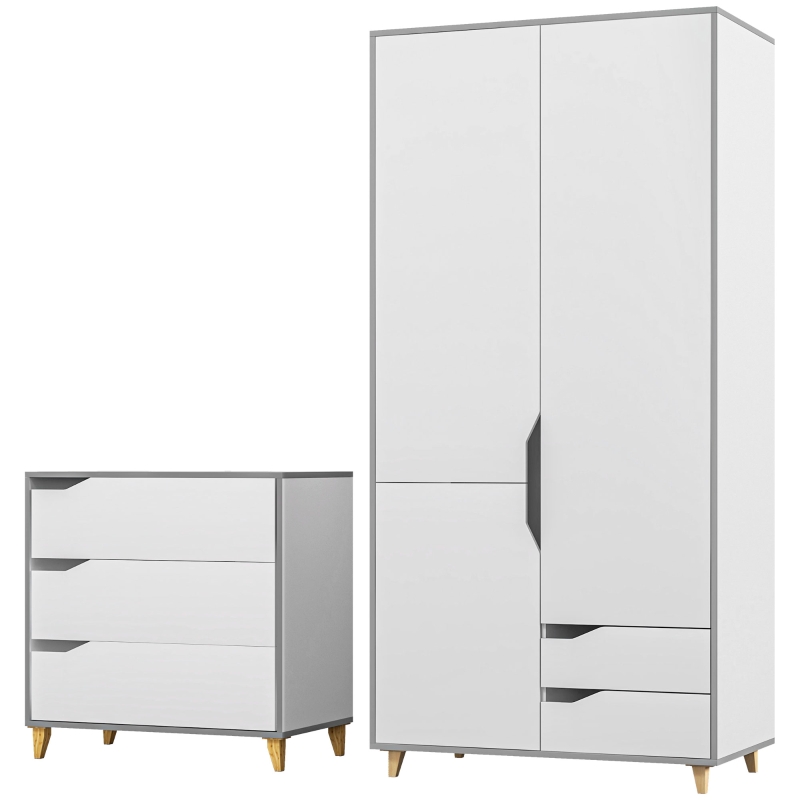 HOMCOM Bedroom Furniture Set, Wardrobe with Hanging Rail, 3 Drawer Chest of Drawers with Cut-out Handles, Grey and White