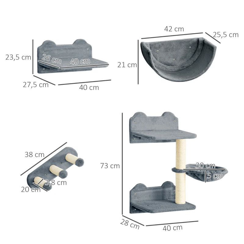 PawHut Prateleiras de Parede para Gatos 4 Peças com Rede Plataforma Semicircular Plataformas de Salto e Poste de Sisal Cinza