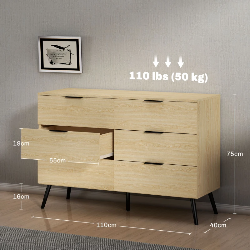 HOMCOM Comodă cu 6 Sertare, Unitate de Depozitare pentru Dormitor, Living, 110x40x75 cm, Lemn Natural