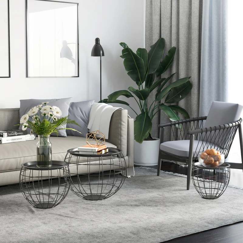 HOMCOM 3-Delige Salontafelset, Afneembaar Tafelblad, Stalen Frame, Glanzend Zwart, Verschillende Groottes