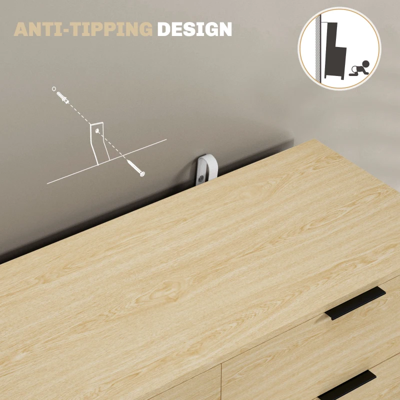 HOMCOM Comodă cu 6 Sertare, Unitate de Depozitare pentru Dormitor, Living, 110x40x75 cm, Lemn Natural