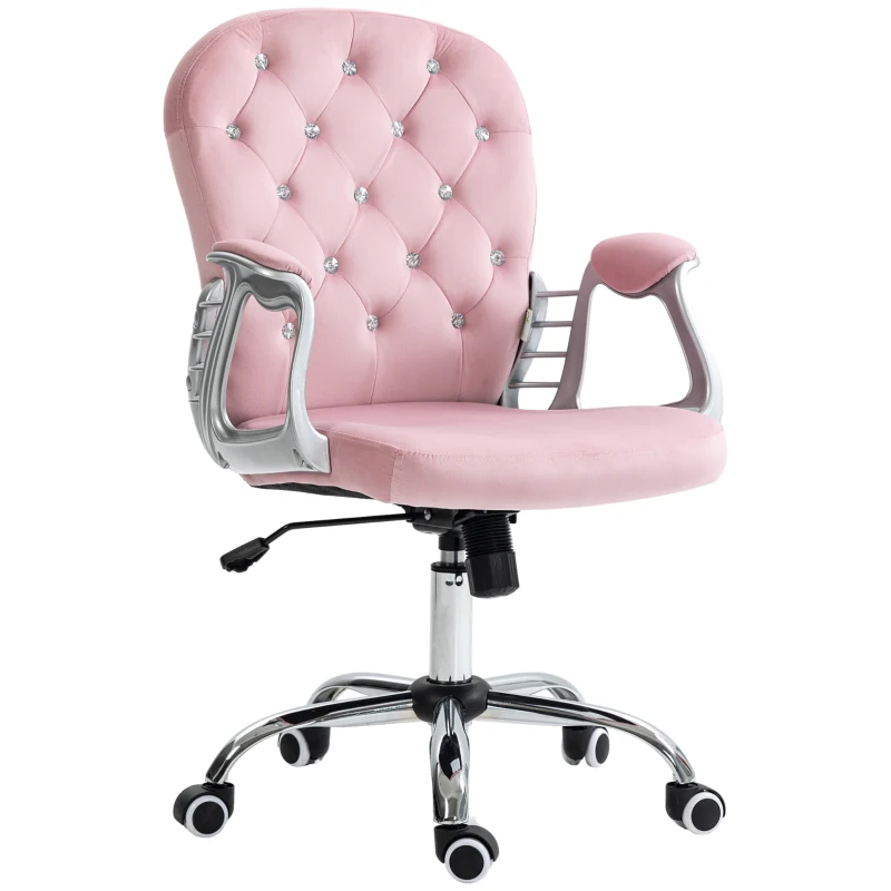 Vinsetto Cadeira de Escritório Estofada em Veludo Cadeira Giratória com Altura Ajustável e Decorações de Cristal 59,5x60,5x103 cm Rosa