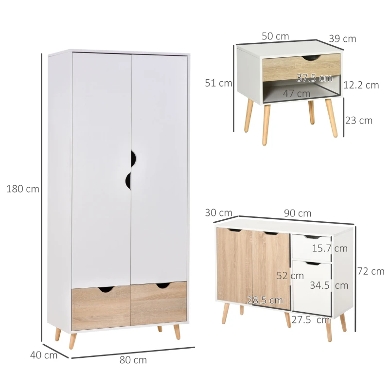 HOMCOM Bedroom Furniture Set, Wardrobe with Hanging Rod, Side Cabinet with Wood Legs, Bedside Table with Drawer, Nature Wood Finish and White
