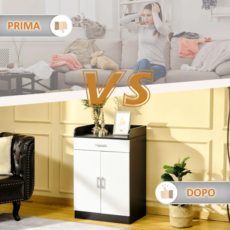 HOMCOM Dulap cu sertar si raft reglabil, din MDF, 60x40x90cm, Alb Negru