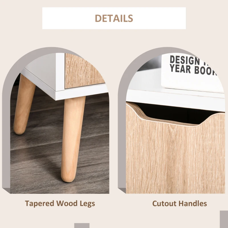 HOMCOM Bedroom Furniture Set, Wardrobe with Hanging Rod, Side Cabinet with Wood Legs, Bedside Table with Drawer, Nature Wood Finish and White