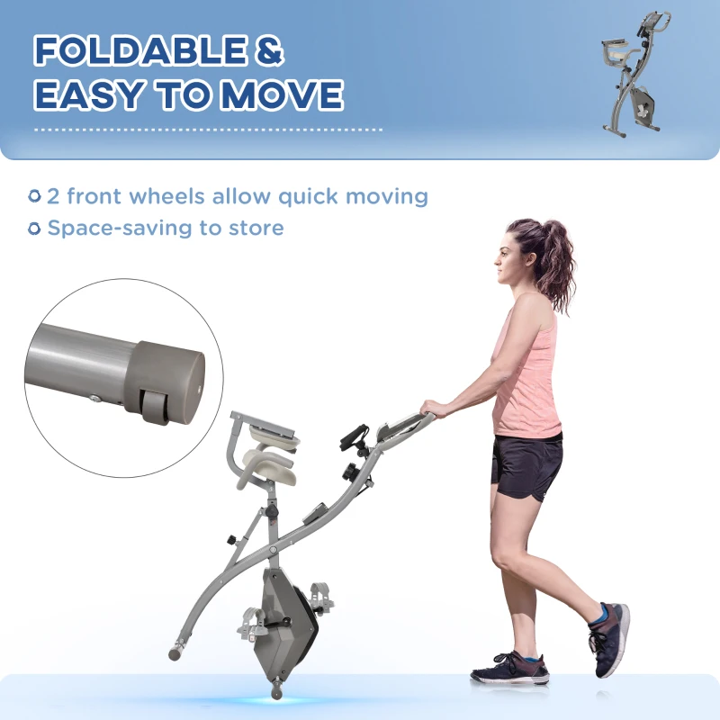 HOMCOM 2-in-1 Folding Exercise Bike with 8-Level Magnetic Resistance, Arm Resistance Band, Pulse Sensor, Grey(m-8)