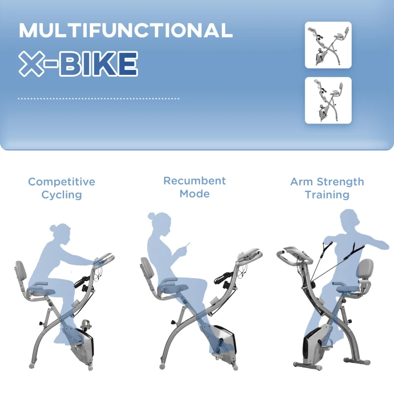 HOMCOM 2-in-1 Folding Exercise Bike with 8-Level Magnetic Resistance, Arm Resistance Band, Pulse Sensor, Grey(m-7)