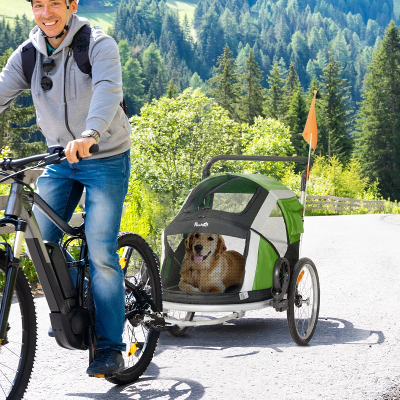 PawHut 2-in-1 Hundeanhänger Fahrradanhänger bis 30kg klappbar Aufbewahrungstaschen Sicherheitsleine Seischnalle Reflektoren Oxford-Gewebe Grün+Silber 150 x 82 x 108 cm
