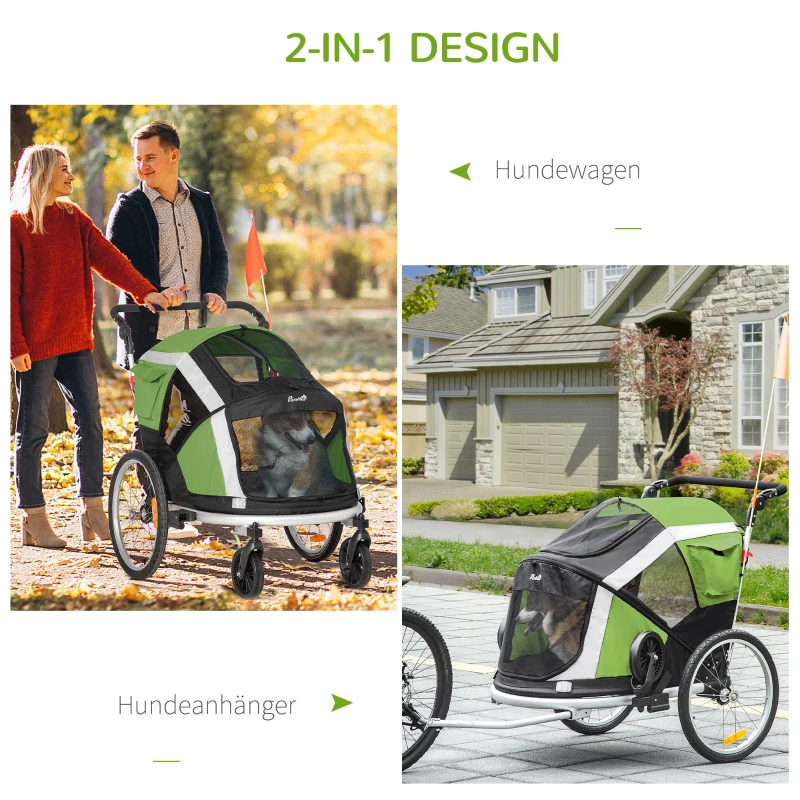 PawHut 2-in-1 Hundeanhänger Fahrradanhänger bis 30kg klappbar Aufbewahrungstaschen Sicherheitsleine Seischnalle Reflektoren Oxford-Gewebe Grün+Silber 150 x 82 x 108 cm