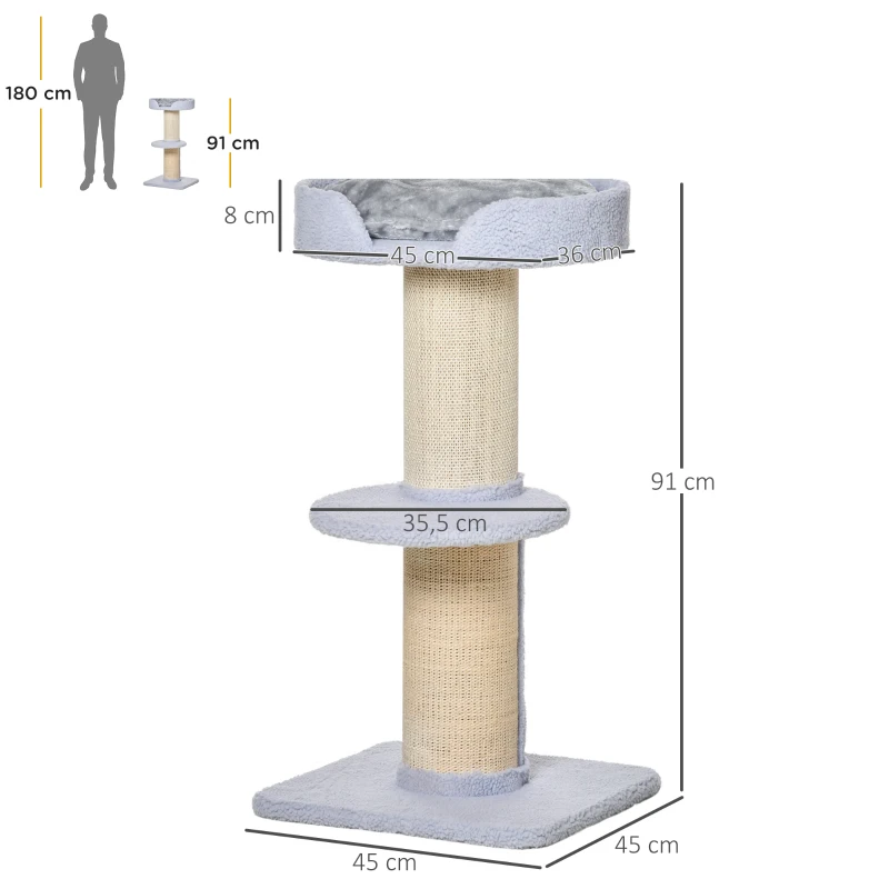 PawHut Arranhador para Gatos Altura 91 cm de 3 Níveis com Ninho Plataforma e Poste de Sisal 45x45x91 cm Azul Claro