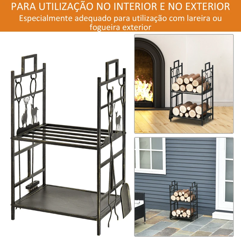 Outsunny Suporte para Lenha de Ferro Forjado de 2 Níveis com 4 Ferramentas para Interior e Exterior 51,5x33x77 cm Preto e Dourado