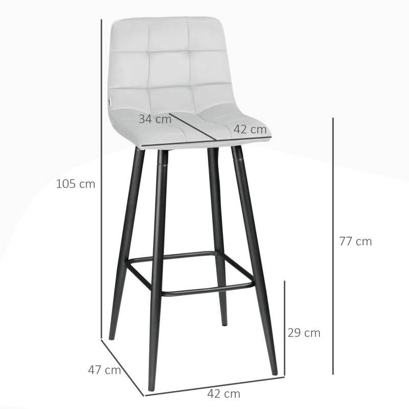 HOMCOM Zestaw Stołków Barowych, Skandynawski Design, Pokrycie z Weluru, Metalowa Rama, Antypoślizgowe Nogi, Jasnoszary