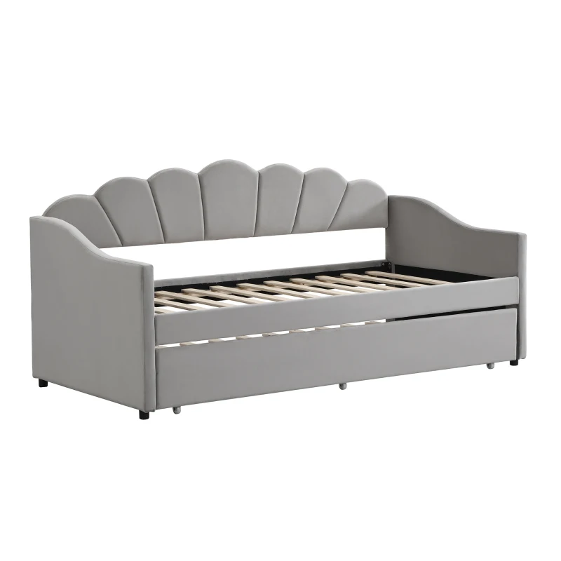 Upholstered Single Sofa Bed with Trundle, Velvet Sofa Bed Sleeper with Scalloped Cushions, 202x190x95 cm, Gray