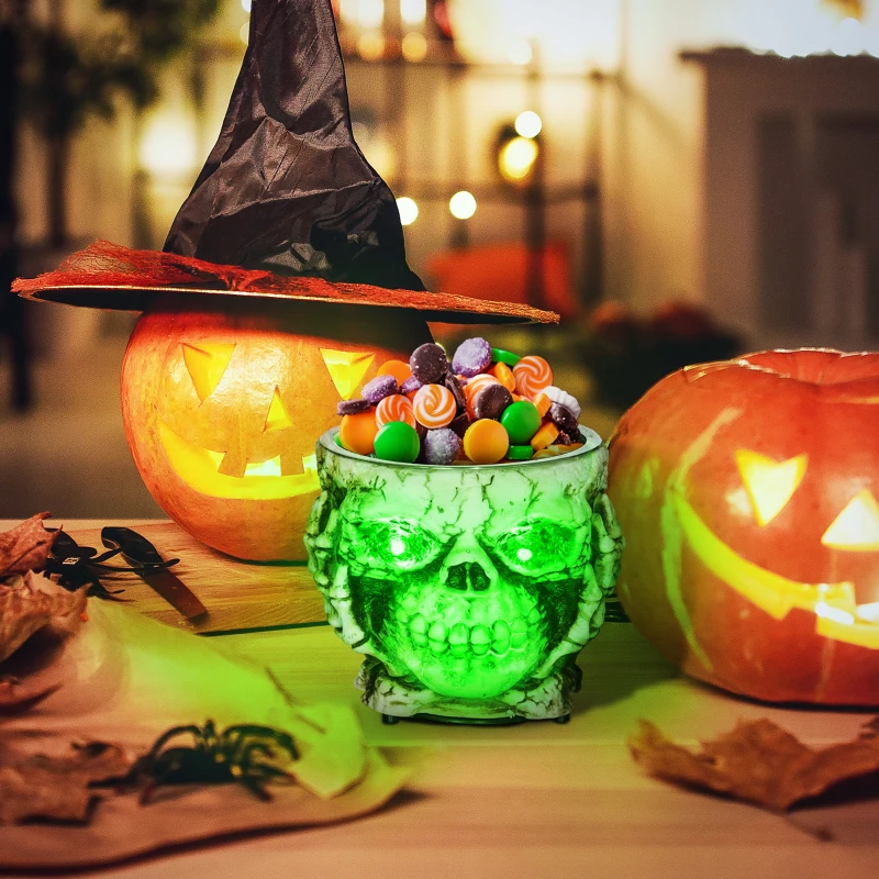 HOMCOM Halloween-decoratie, Skelet-Snoepschaal, Lichtgevende Ogen, Griezelig Gehuil, Grijs/Zwart