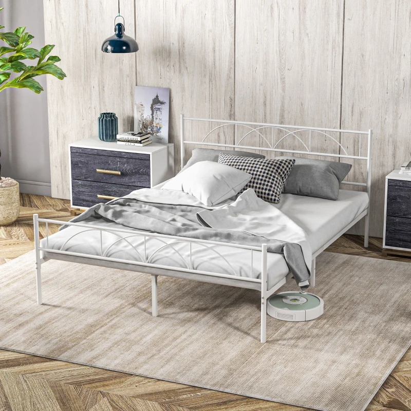 HOMCOM Cama de Casal 150x200 cm com Cabeceira de Ripas de Aço e Espaço de Arrumação Debaixo da Cama Carga 330 kg Branca