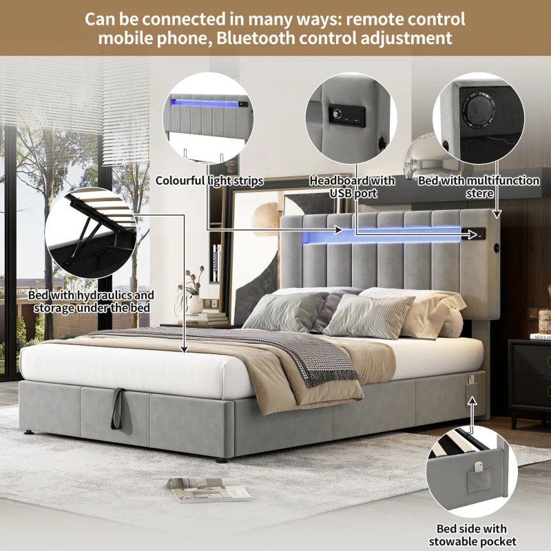 Upholstered Hydraulic Double Sofa Bed with Bluetooth Stereo, USB Ports, Storage Pockets, and LED Light Strips, 198x150x120 cm, Gray