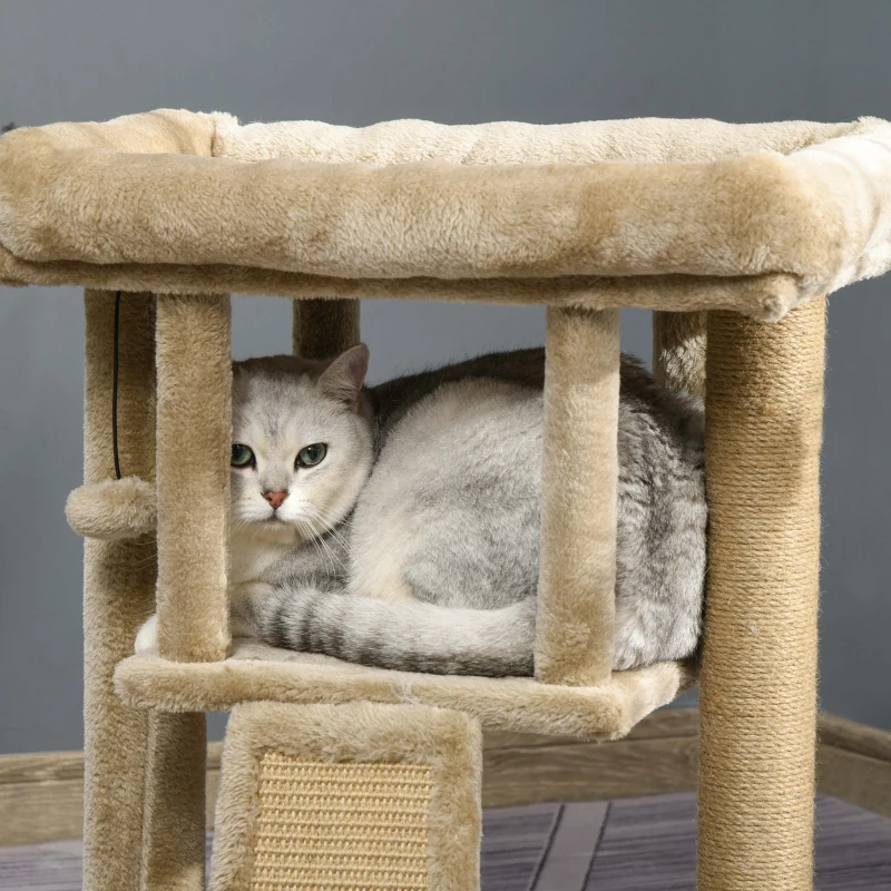 PawHut Árvore Arranhador para Gatos Pequenos Arranhador para Gatos com Poste de Juta Rampa Caverna e Bola Suspensa 40x40x57 cm Areia