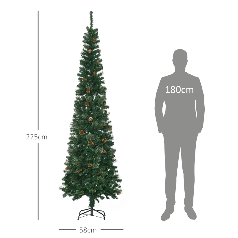 HOMCOM Árvore de Natal Artificial 225 cm Árvore de Natal com 706 Ramos Árvore de Natal Slim com 56 Pinhas Base Dobrável Ø58x225 cm Verde