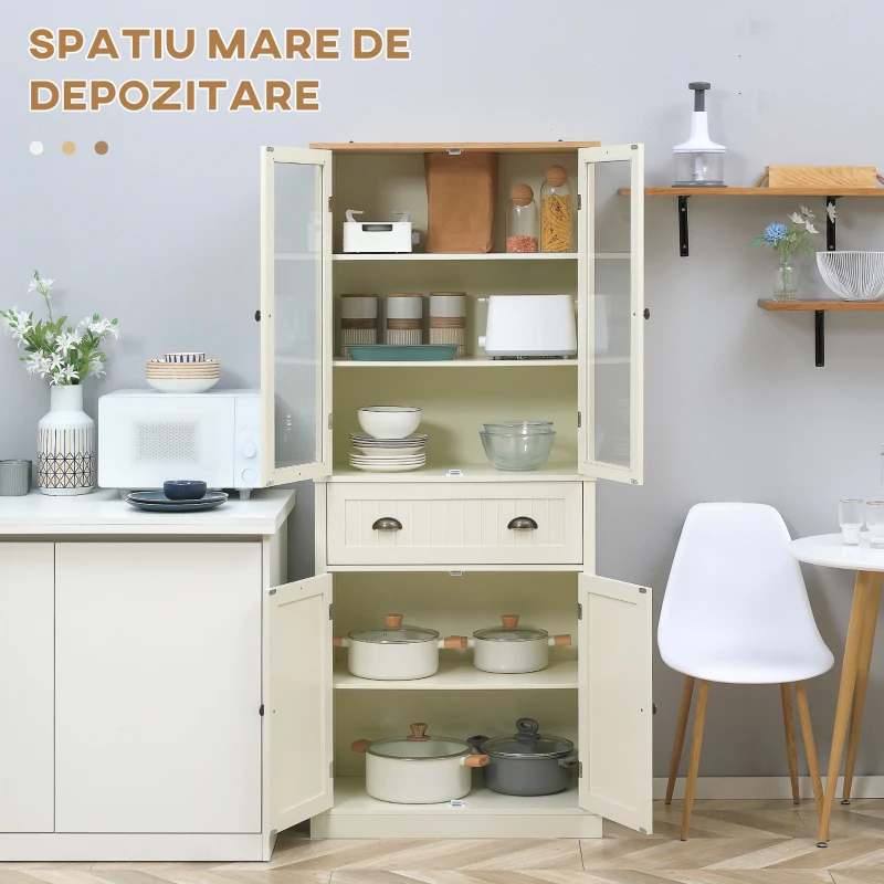 HOMCOM Bufet Independent de Bucatarie, Dulap de Depozitare pe 5 Nivele cu Rafturi Reglabile si Sertar, Alb-Crem(m-4)