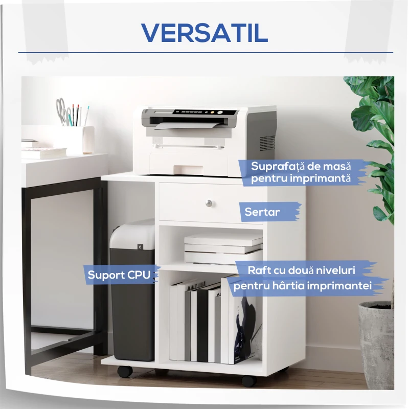 Vinsetto Suport Mobil pentru Imprimanta – Cu Sertar & Raft Reglabil