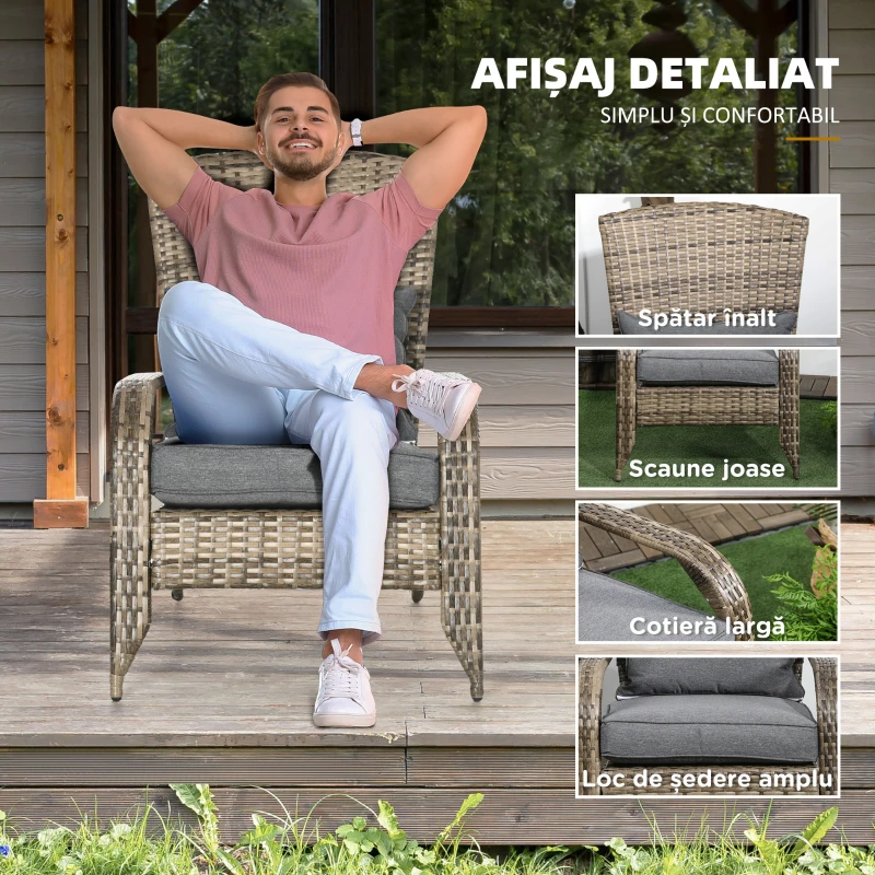 Outsunny Scaun de Grădină din Ratan, Scaun de Exterior cu Cotiere, Perne și Spătar Înalt Curbat, 64x80x90 cm, Gri